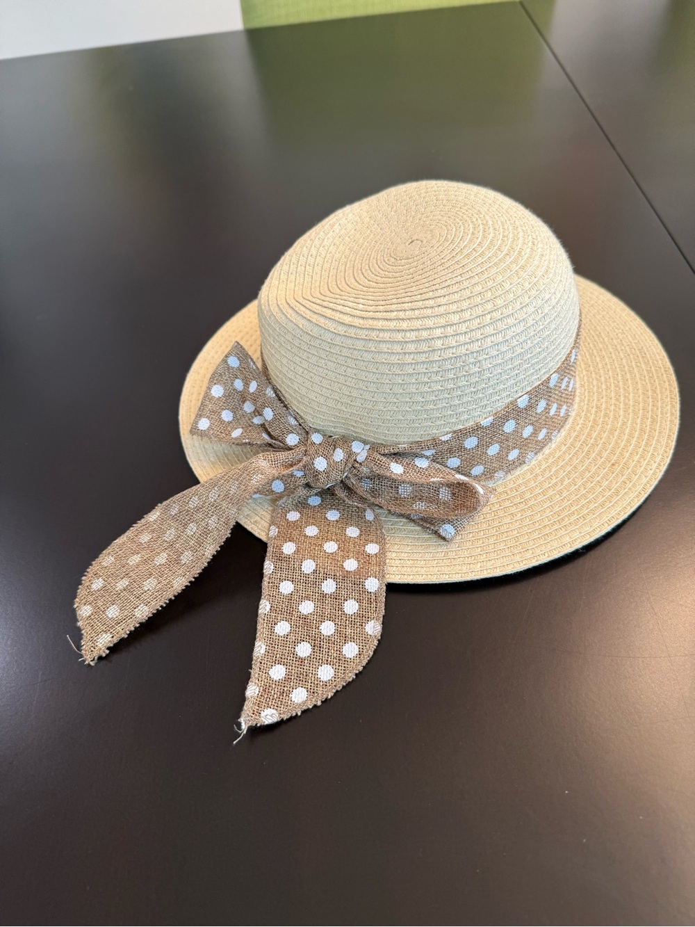 Kids Straw Sun Hat with Polka Dot Ribbon - Beige